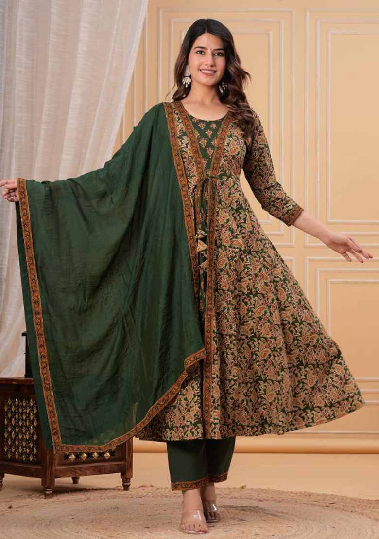 Elegant Green Floral Printed Anarkali Suit Set with Dupatta