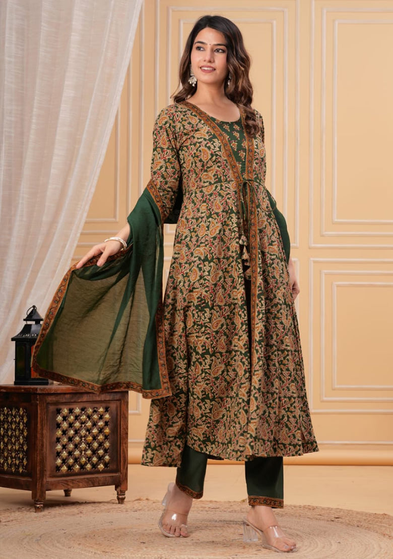 Elegant Green Floral Printed Anarkali Suit Set with Dupatta
