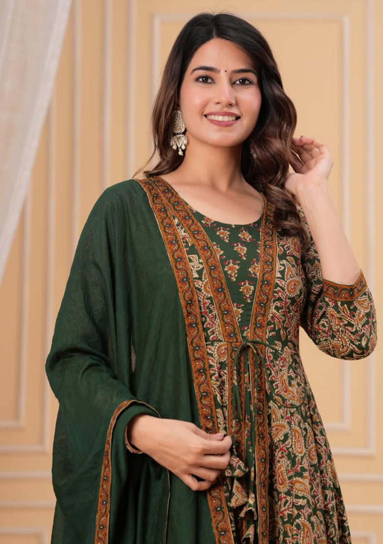 Elegant Green Floral Printed Anarkali Suit Set with Dupatta
