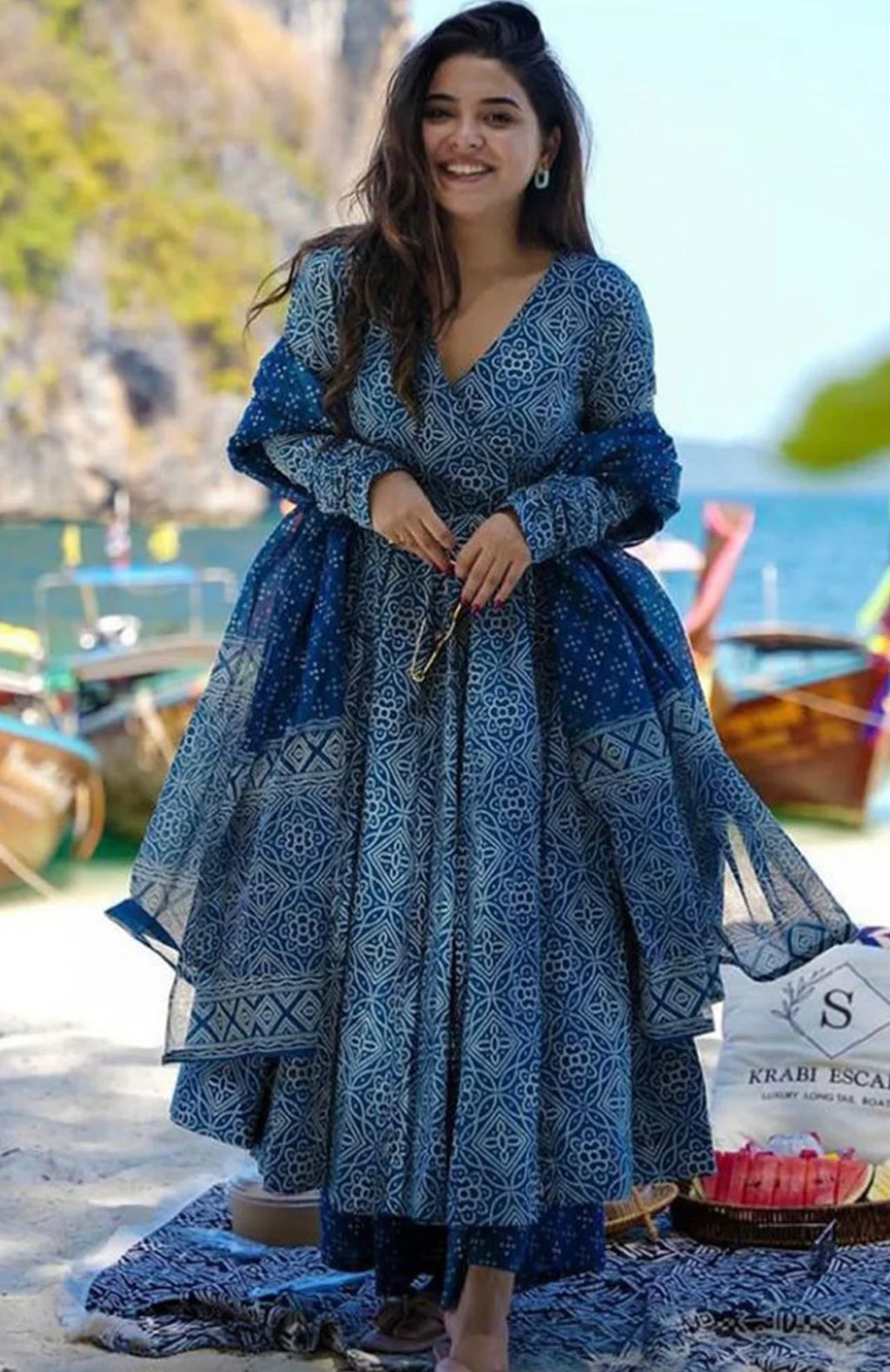 Blue Anarkali Kurti Set