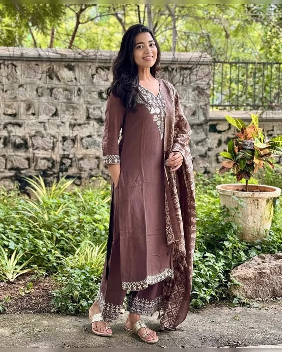 Elegant Brown Embroidered Kurta Set with Dupatta
