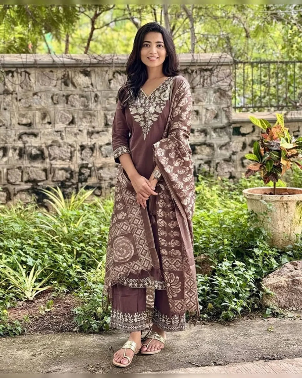Elegant Brown Embroidered Kurta Set with Dupatta