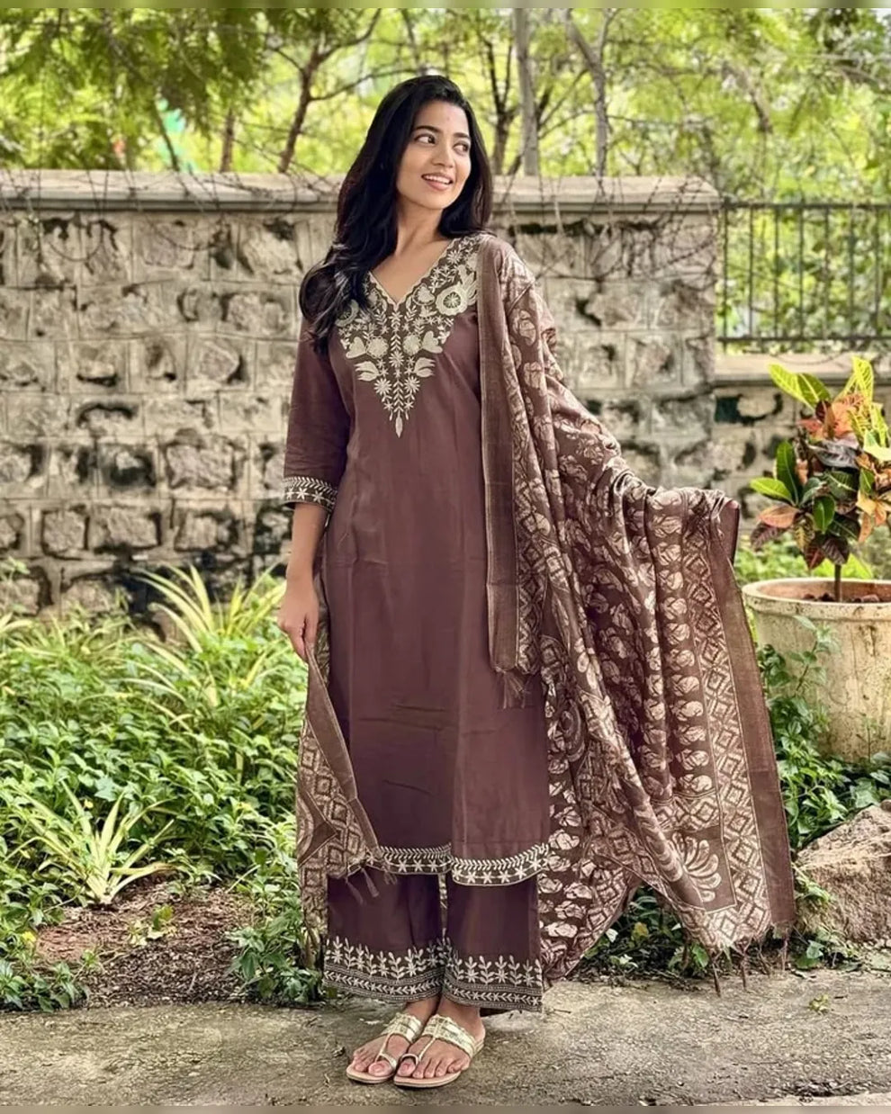 Elegant Brown Embroidered Kurta Set with Dupatta