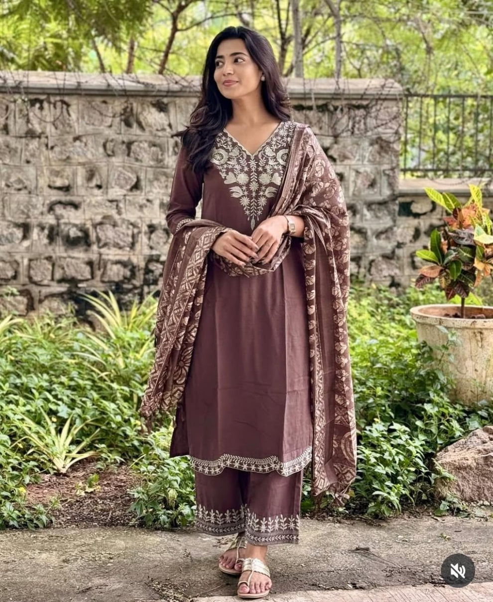 Elegant Brown Embroidered Kurta Set with Dupatta