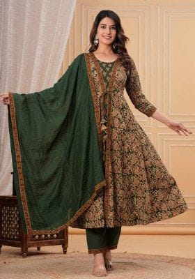 Elegant Green Floral Printed Anarkali Suit Set with Dupatta