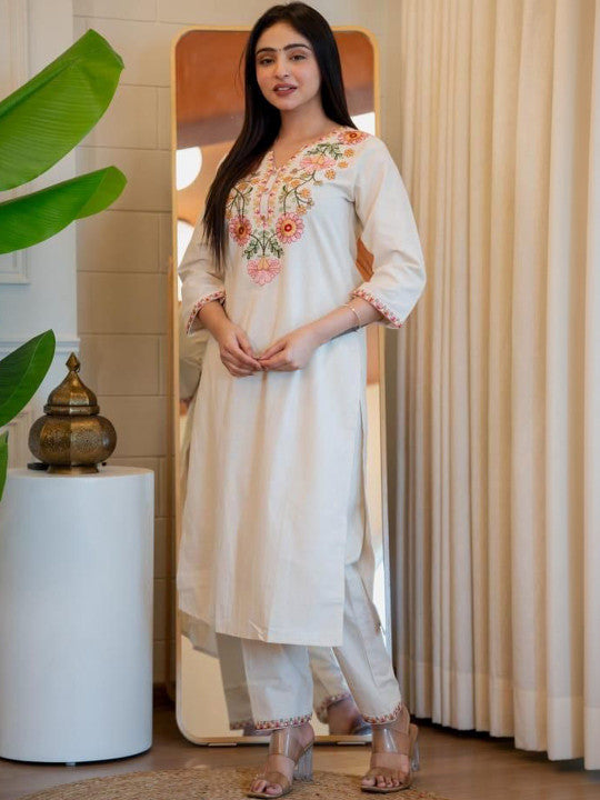 Elegant Off-White Floral Embroidered Cotton Kurta Set