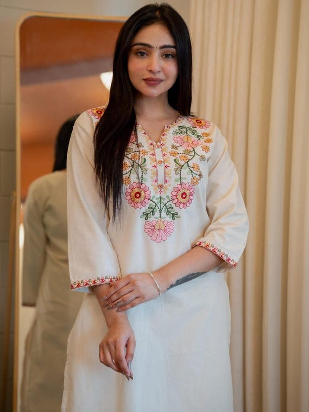 Elegant Off-White Floral Embroidered Cotton Kurta Set