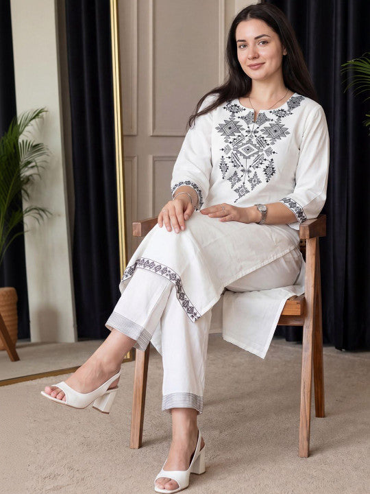Elegant White Embroidered Cotton Kurta Set