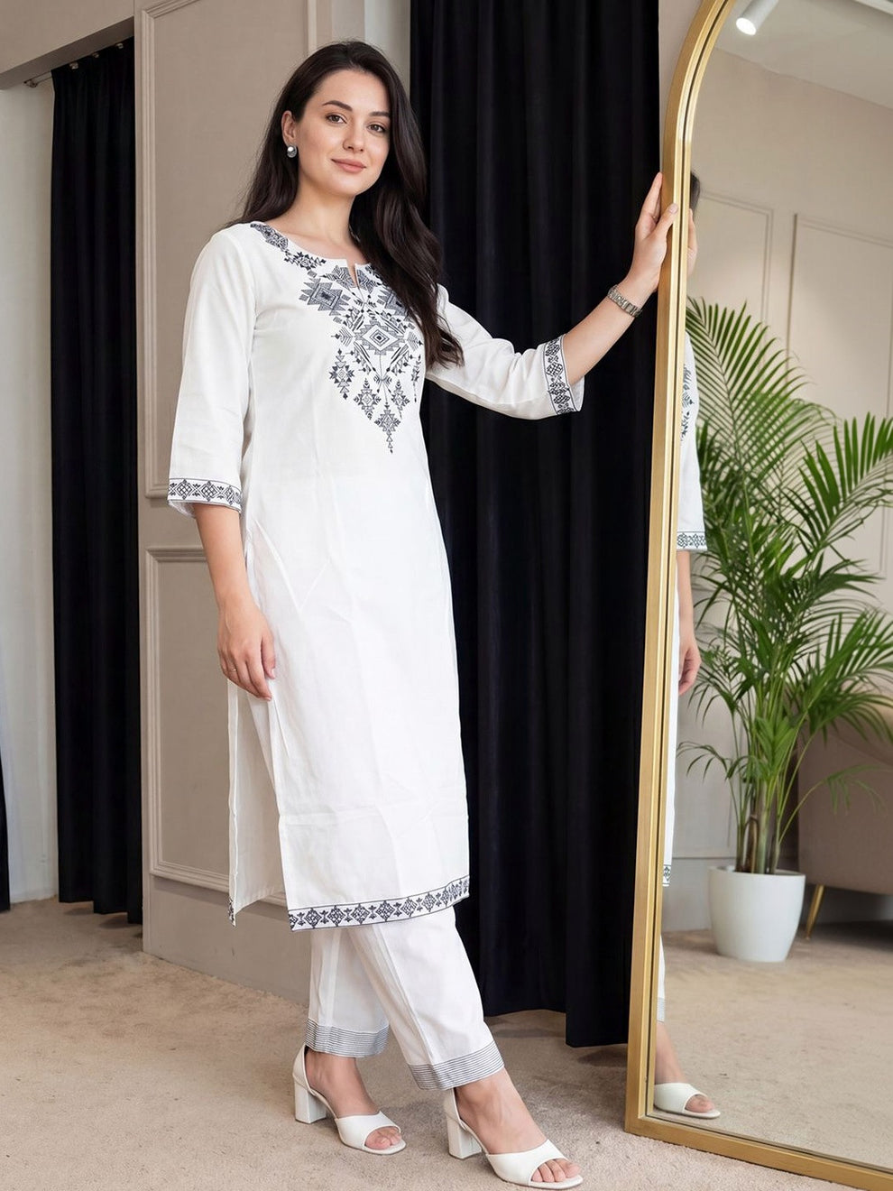 Elegant White Embroidered Cotton Kurta Set