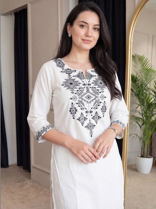 Elegant White Embroidered Cotton Kurta Set