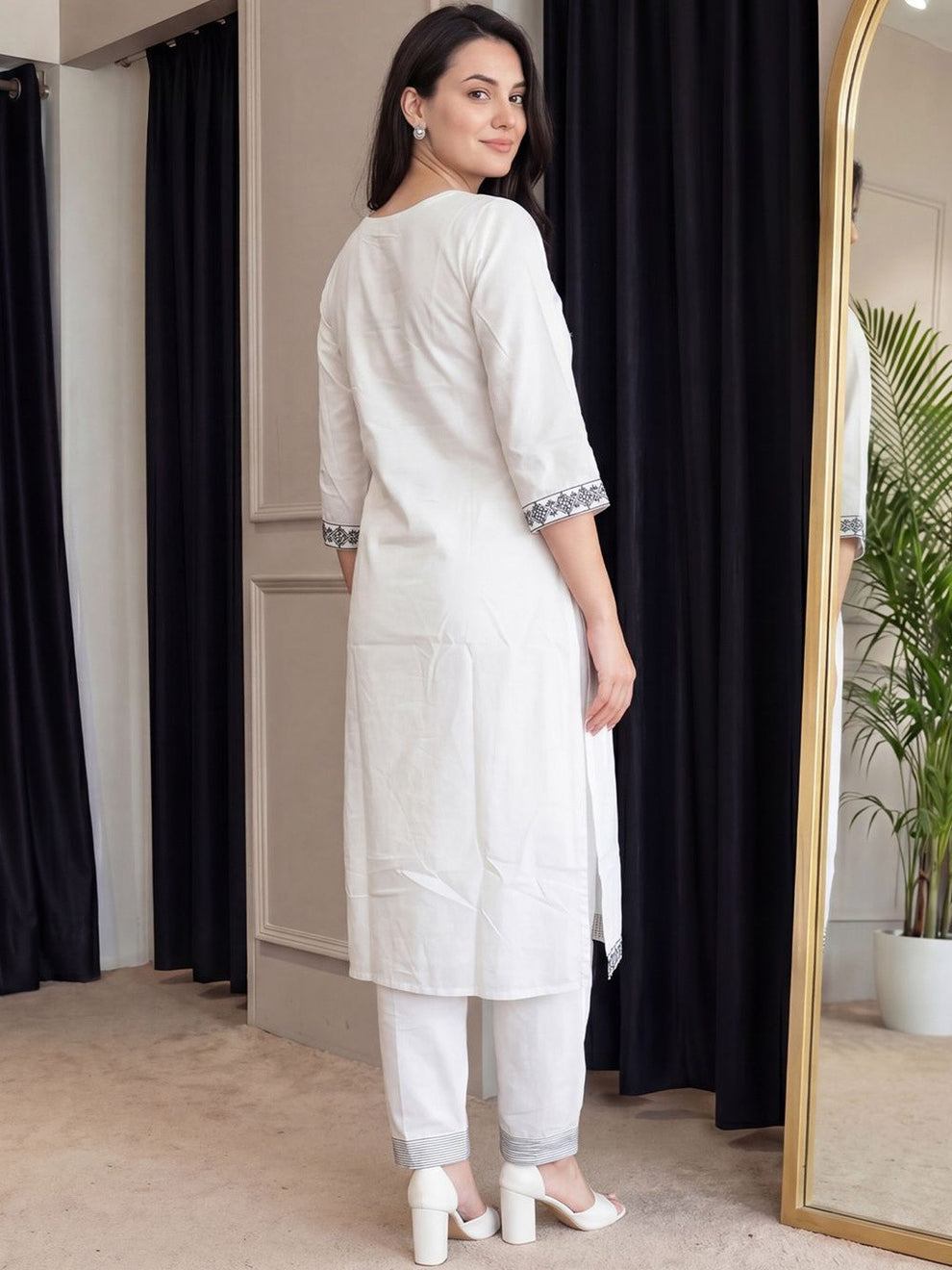 Elegant White Embroidered Cotton Kurta Set