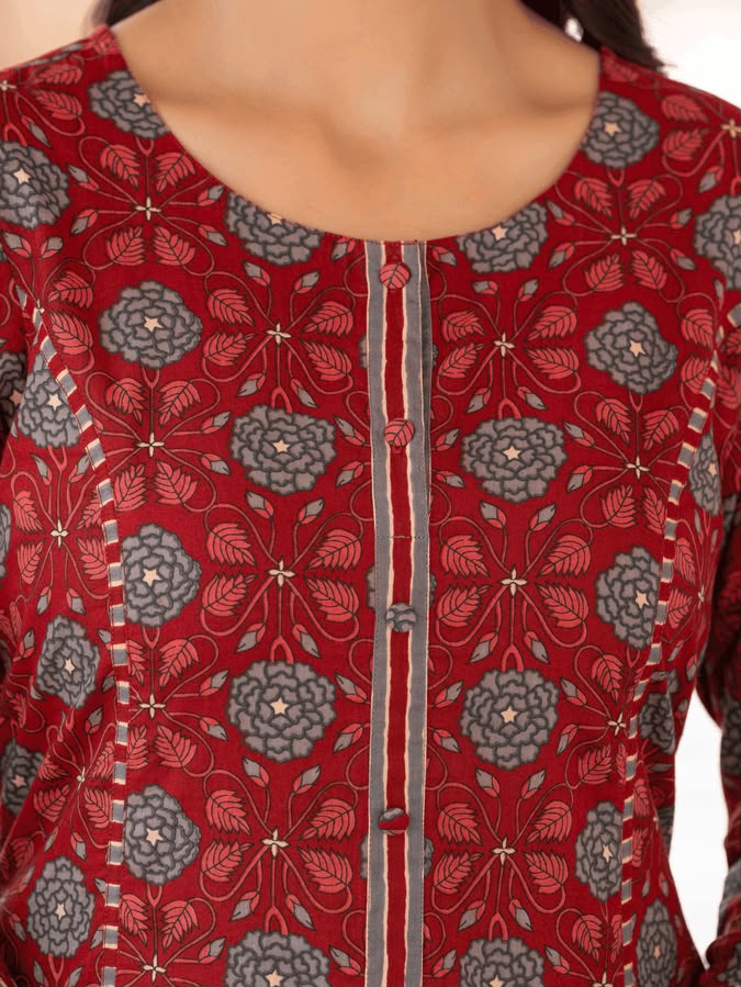 Elegant Maroon Printed Cotton Kurta Set with Striped Dupatta – Women's Ethnic Wear