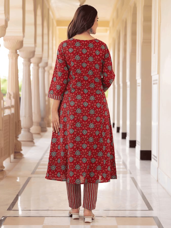 Elegant Maroon Printed Cotton Kurta Set with Striped Dupatta – Women's Ethnic Wear