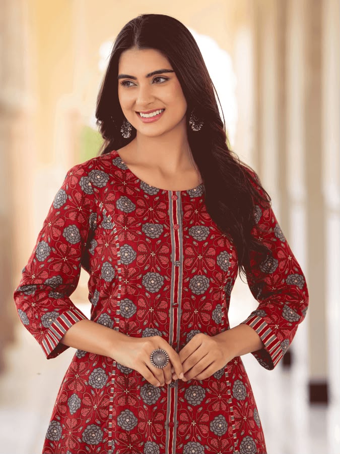 Elegant Maroon Printed Cotton Kurta Set with Striped Dupatta – Women's Ethnic Wear