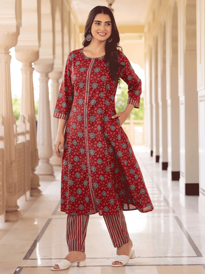 Elegant Maroon Printed Cotton Kurta Set with Striped Dupatta – Women's Ethnic Wear