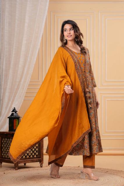Mustard Floral Printed Anarkali Kurta Set with Dupatta