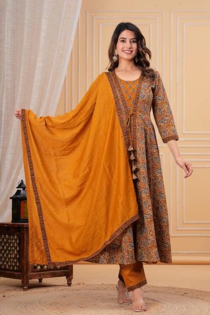 Mustard Floral Printed Anarkali Kurta Set with Dupatta