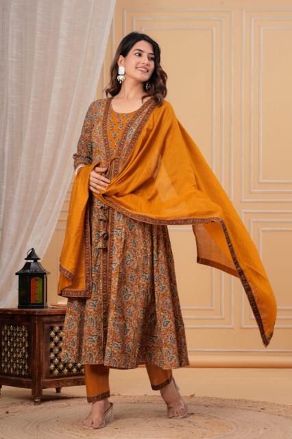 Mustard Floral Printed Anarkali Kurta Set with Dupatta